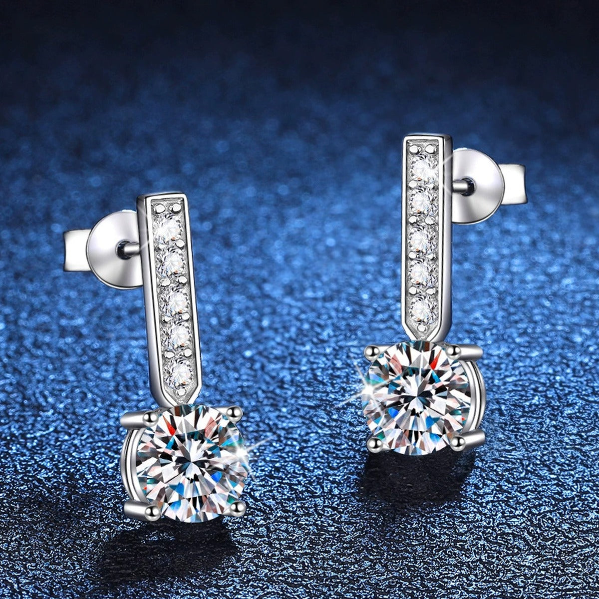 Bar Moissanite Drop Earrings with CZ in White Gold-Plated S925 blue scene angled view