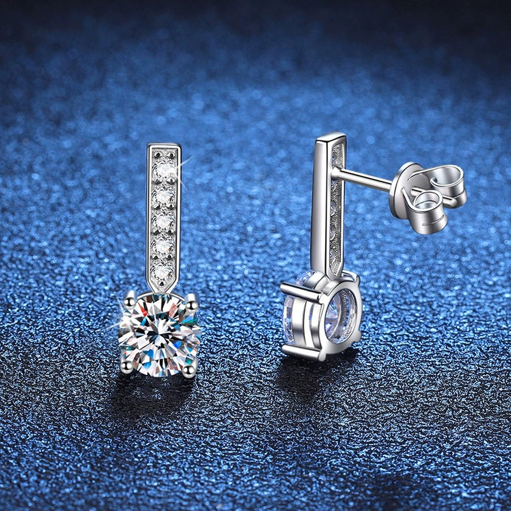 Bar Moissanite Drop Earrings with CZ in White Gold-Plated S925 blue scene close-up view