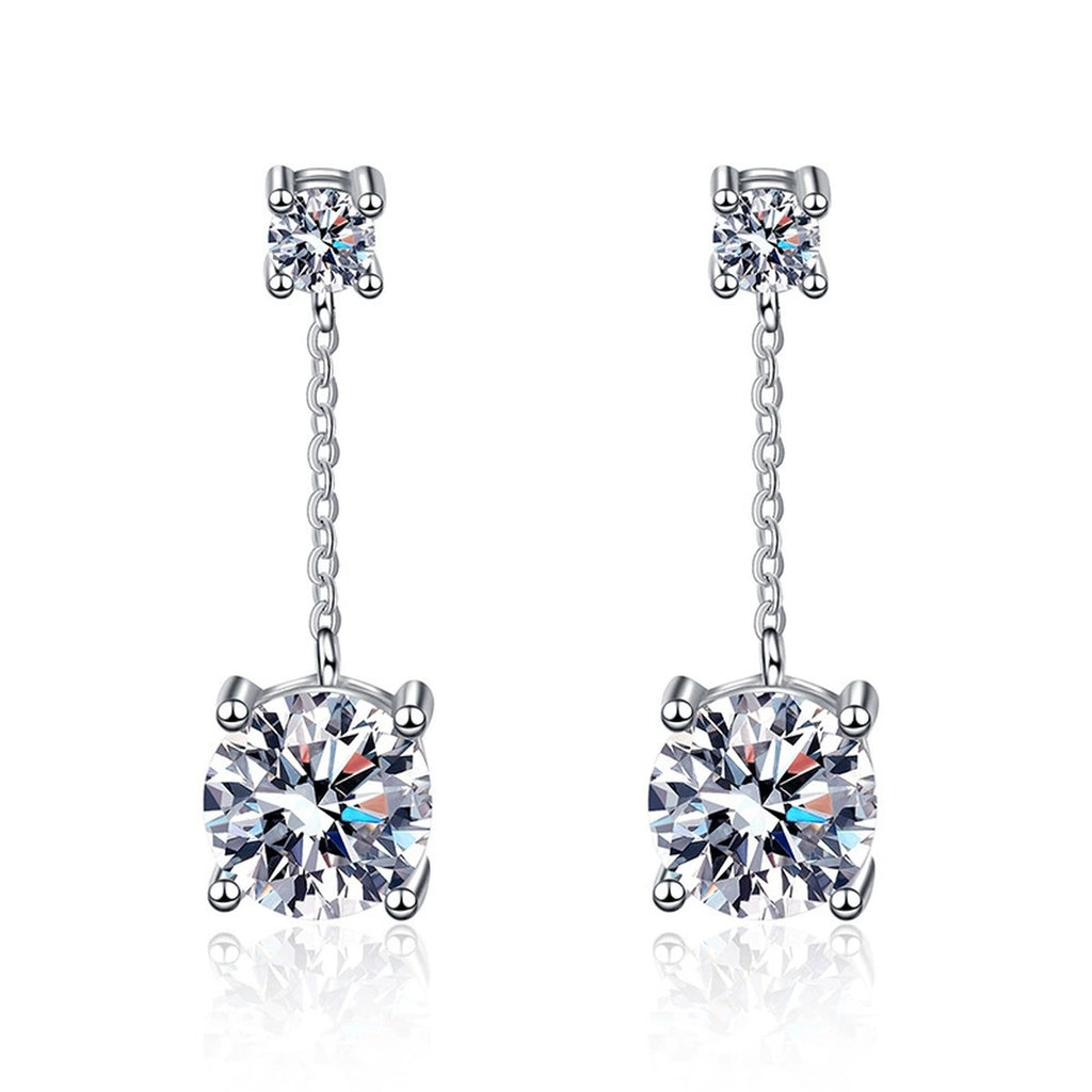 Chain Moissanite Drop Earrings with CZ in White Gold-Plated S925 on clean white background showing chain drop earrings with a square-top accent and round moissanite base