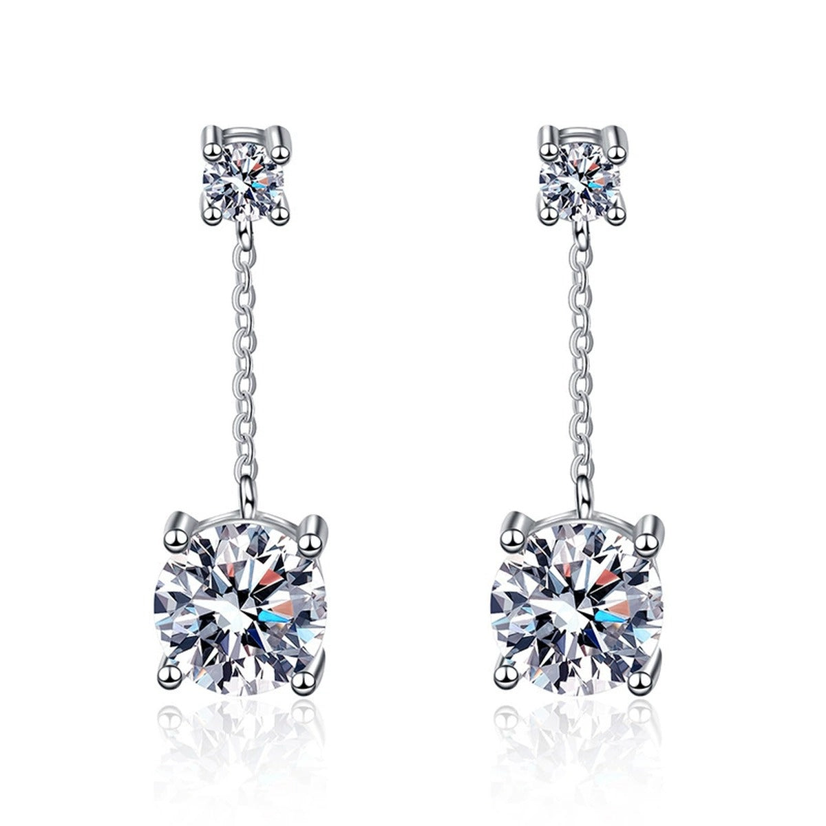 Chain Moissanite Drop Earrings with CZ in White Gold-Plated S925 on clean white background showing chain drop earrings with a square-top accent and round moissanite base