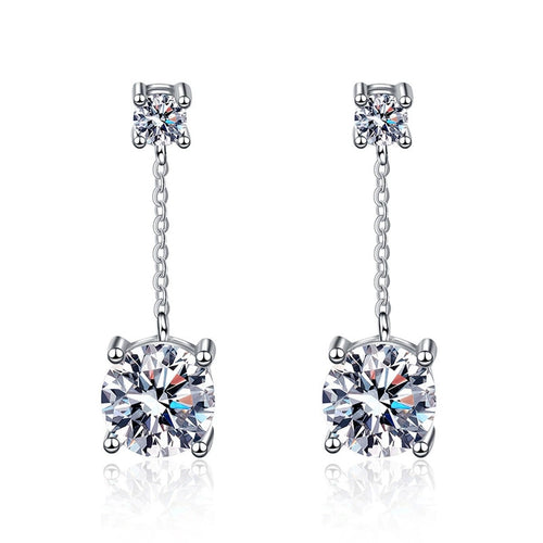 Chain Moissanite Drop Earrings with CZ in White Gold-Plated S925 on clean white background showing chain drop earrings with a square-top accent and round moissanite base