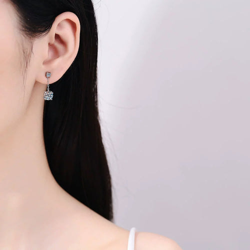 Chain Moissanite Drop Earrings with CZ in White Gold-Plated S925 worn on ear by model