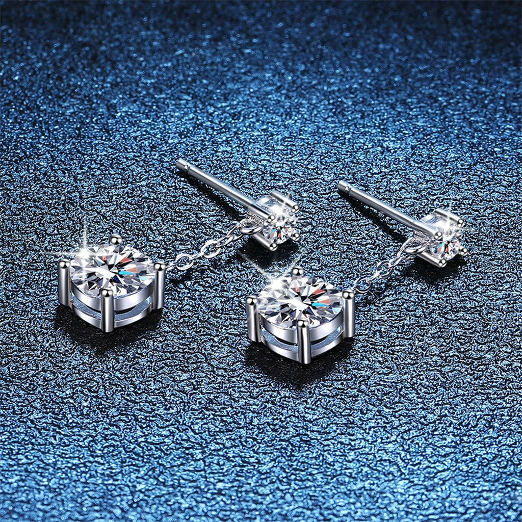 Chain Moissanite Drop Earrings with CZ in White Gold-Plated S925 blue scene angled view