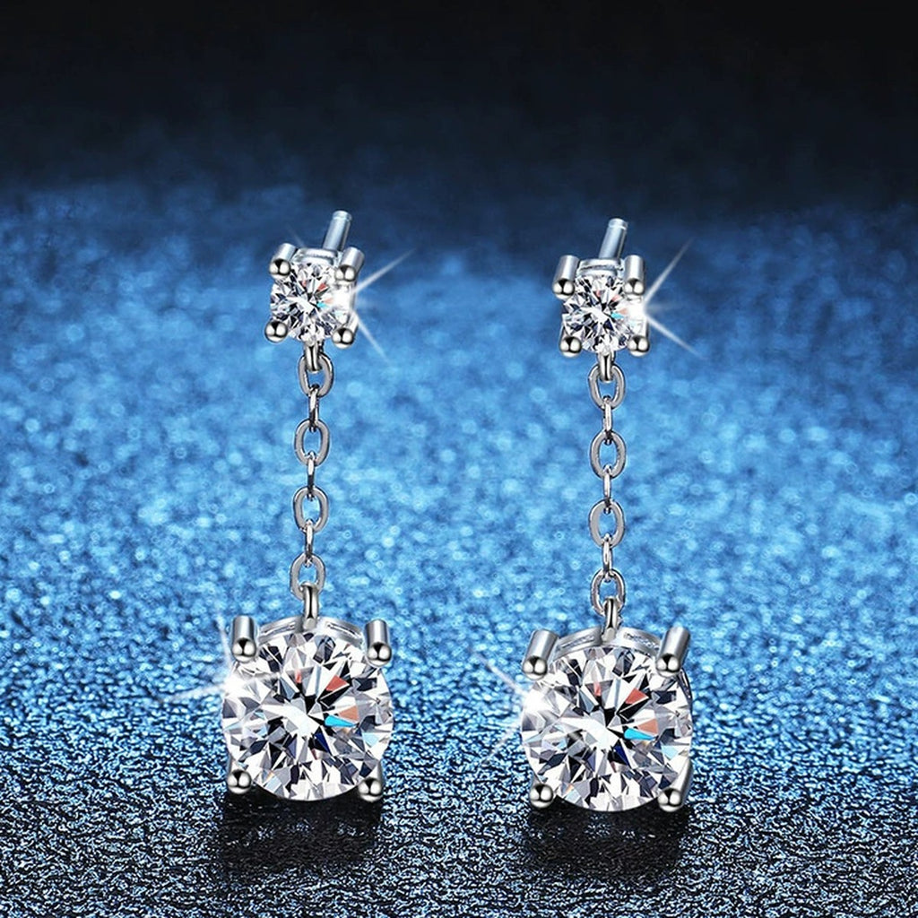 Chain Moissanite Drop Earrings with CZ in White Gold-Plated S925 blue scene close-up view