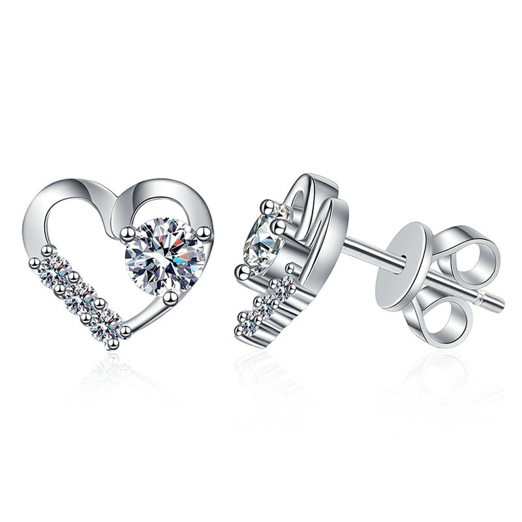 Heart Moissanite Stud Earrings with CZ in White Gold-Plated S925 on clean white background showing heart-shaped studs with a small moissanite accent