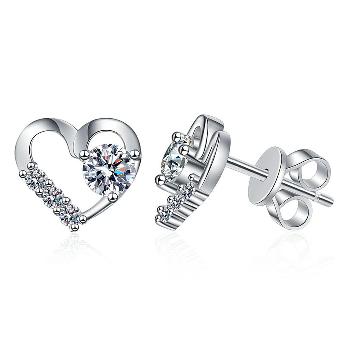 Heart Moissanite Stud Earrings with CZ in White Gold-Plated S925 on clean white background showing heart-shaped studs with a small moissanite accent