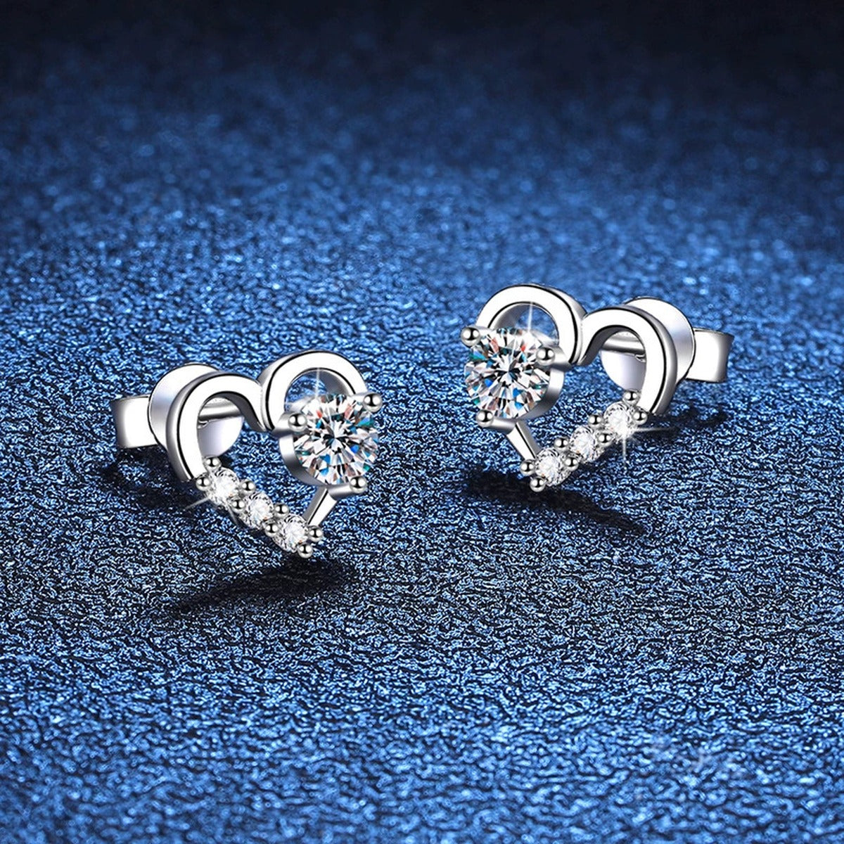 Heart Moissanite Stud Earrings with CZ in White Gold-Plated S925 blue scene angled view