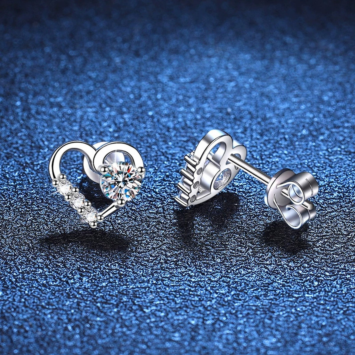 Heart Moissanite Stud Earrings with CZ in White Gold-Plated S925 blue scene close-up view