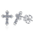 Cross Moissanite Stud Earrings with CZ in White Gold-Plated S925 on clean white background showing petite cross studs with moissanite sparkle and a slim outline