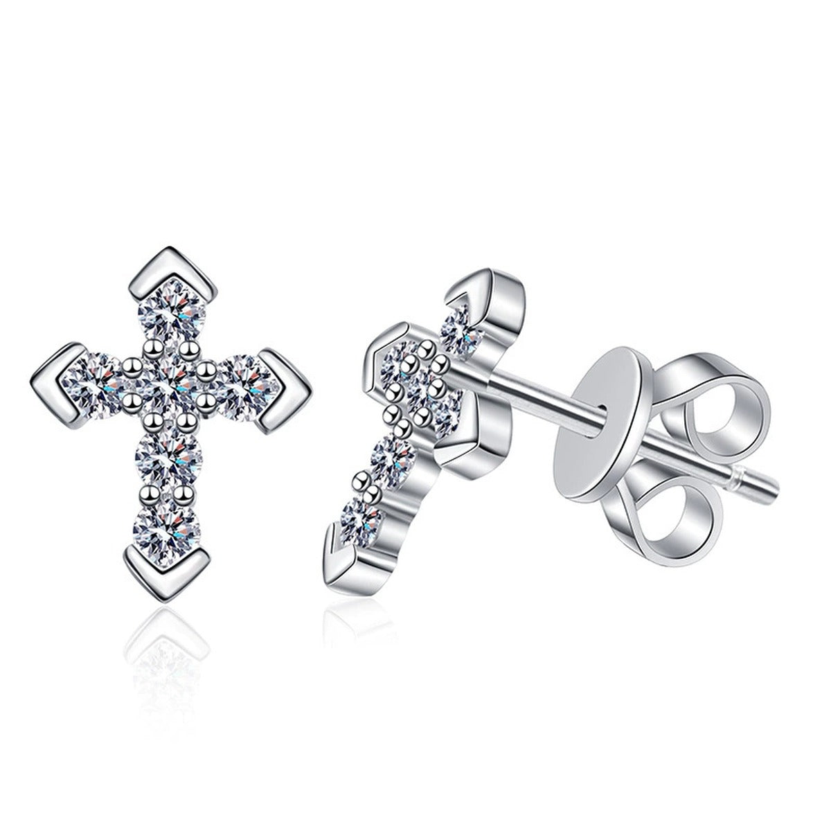 Cross Moissanite Stud Earrings with CZ in White Gold-Plated S925 on clean white background showing petite cross studs with moissanite sparkle and a slim outline