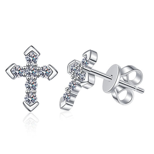 Cross Moissanite Stud Earrings with CZ in White Gold-Plated S925 on clean white background showing petite cross studs with moissanite sparkle and a slim outline