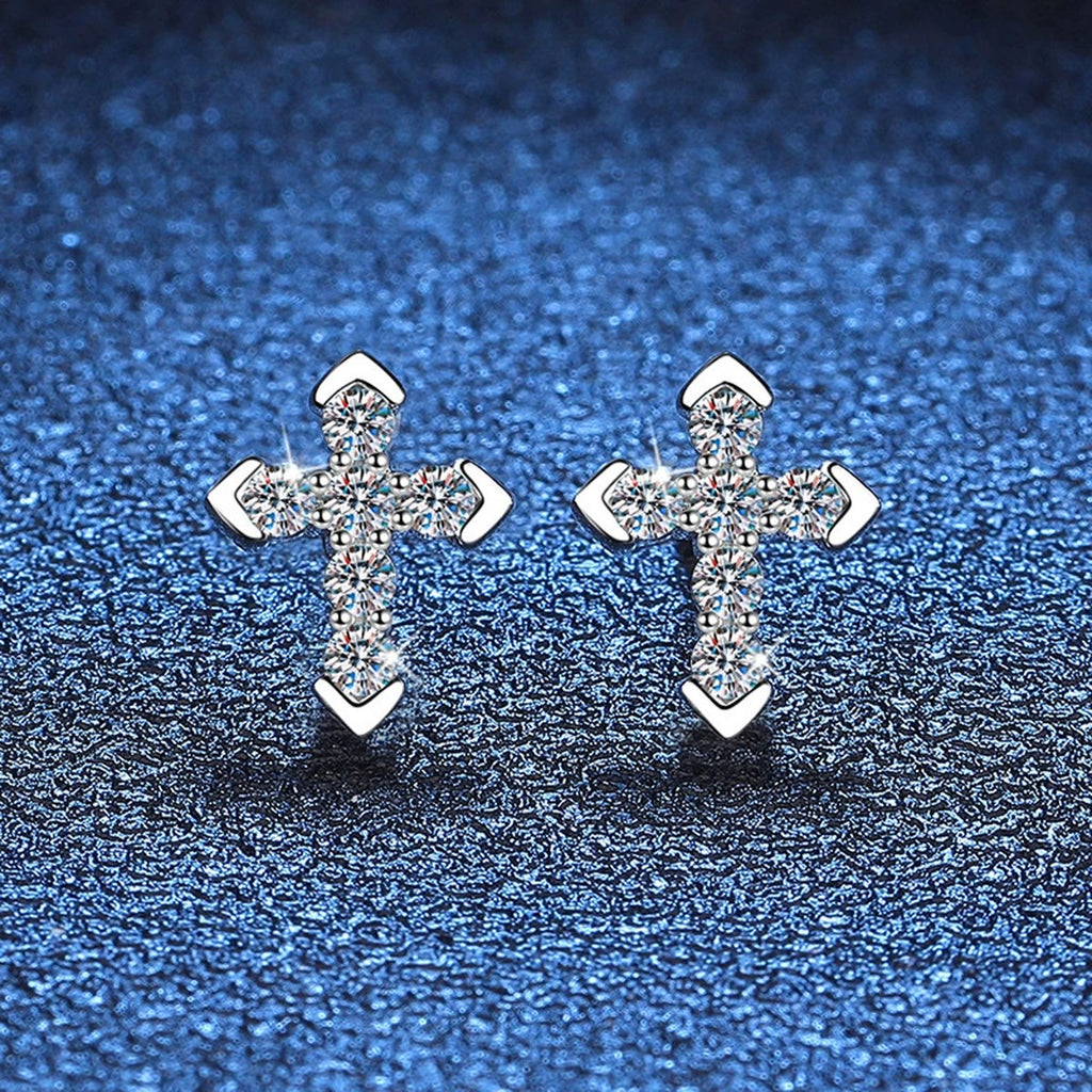 Cross Moissanite Stud Earrings with CZ in White Gold-Plated S925 blue scene product view