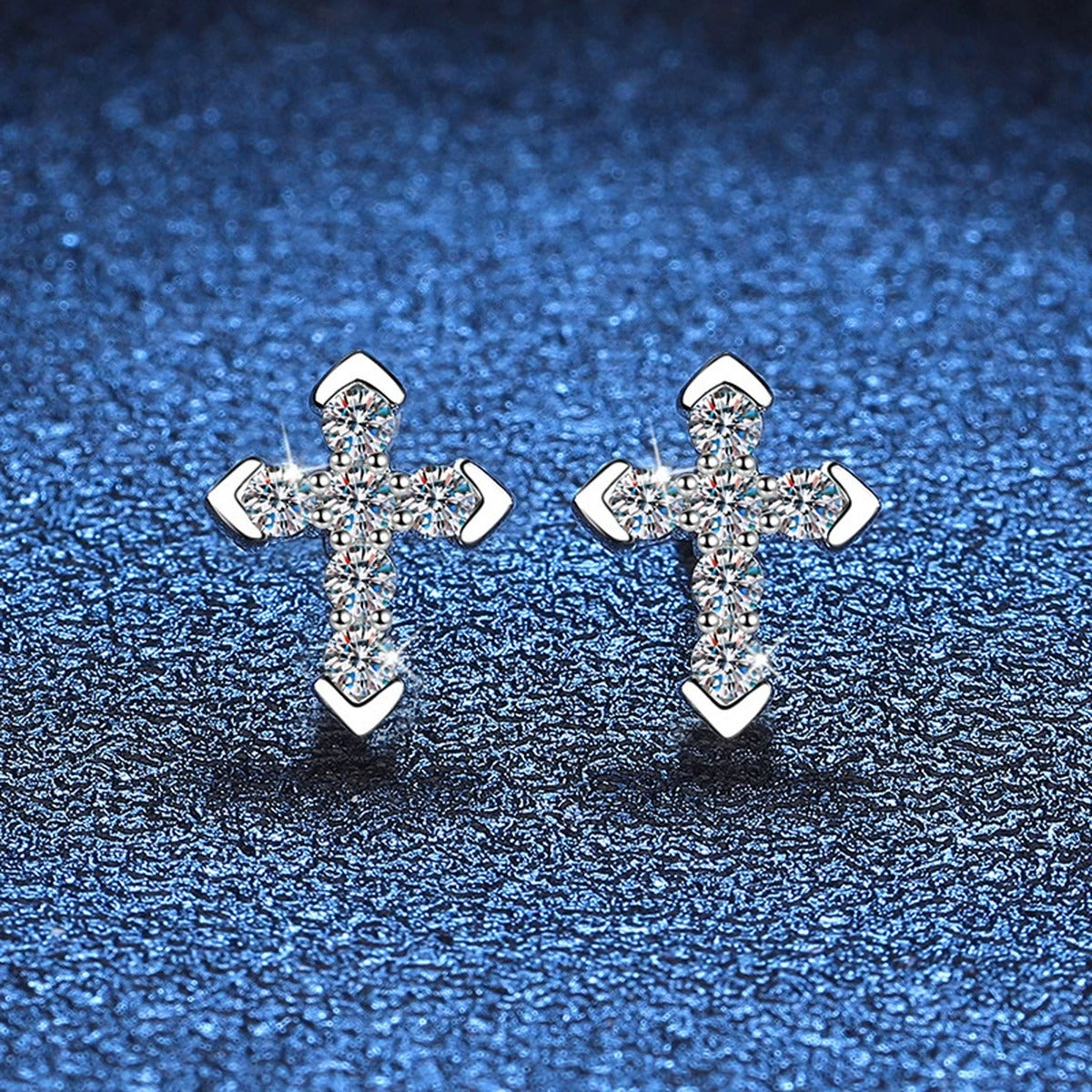 Cross Moissanite Stud Earrings with CZ in White Gold-Plated S925 blue scene product view