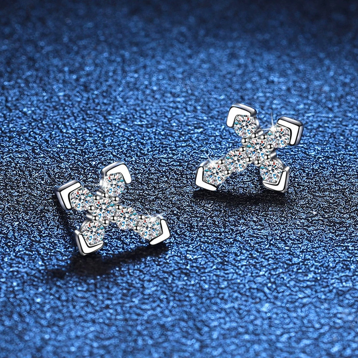 Cross Moissanite Stud Earrings with CZ in White Gold-Plated S925 blue scene angled view
