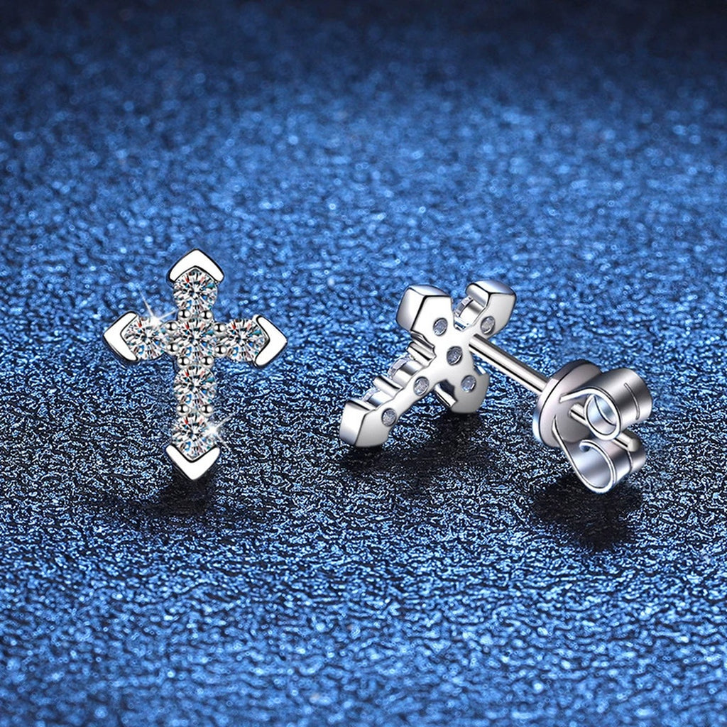 Cross Moissanite Stud Earrings with CZ in White Gold-Plated S925 blue scene close-up view