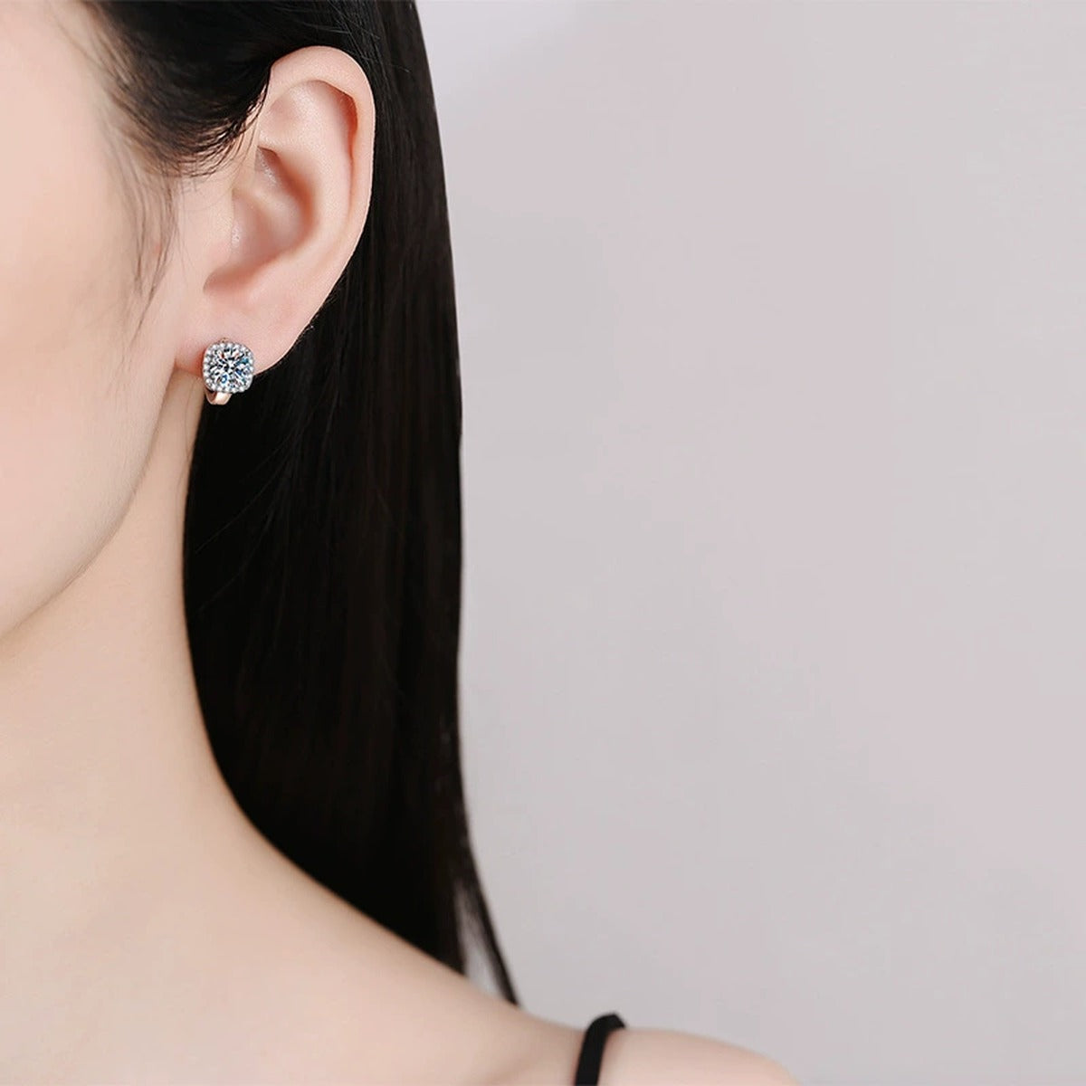 Round Cluster Moissanite Stud Earrings with CZ in Gold-Plated S925 Silver worn on ear by model