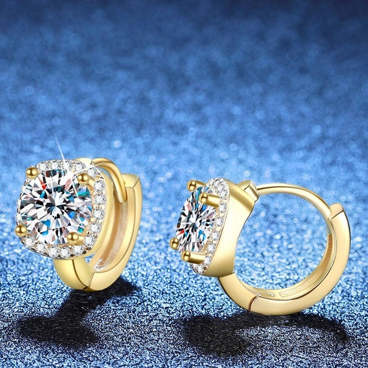 Round Cluster Moissanite Stud Earrings with CZ in Gold-Plated S925 Silver blue scene product view
