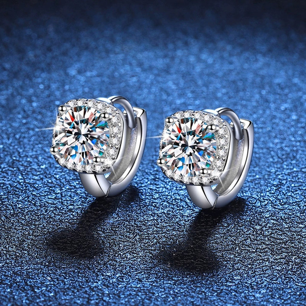 Round Cluster Moissanite Stud Earrings with CZ in Gold-Plated S925 Silver blue scene angled view