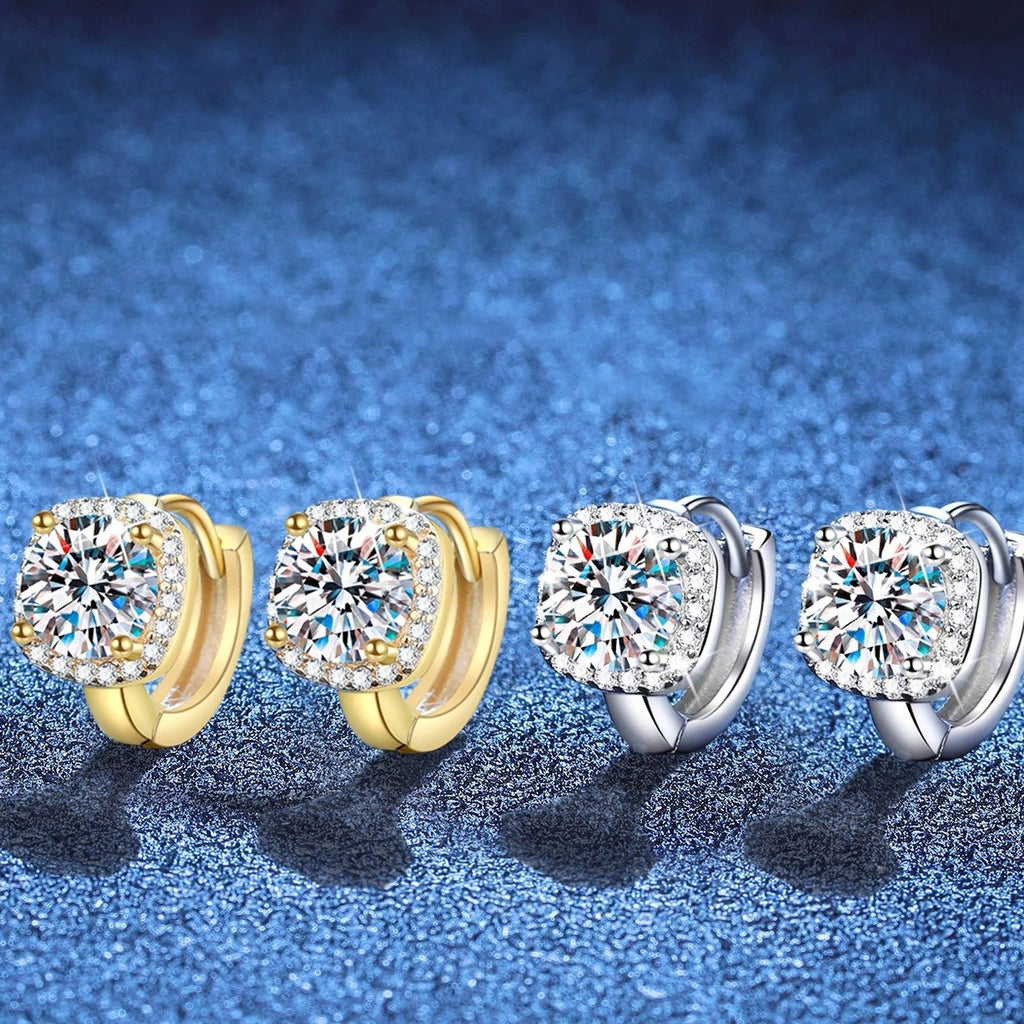 Round Cluster Moissanite Stud Earrings with CZ in Gold-Plated S925 Silver blue scene close-up view