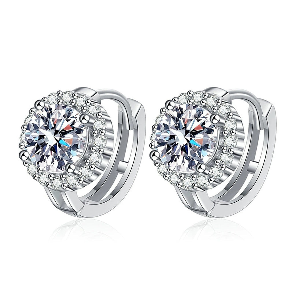 Round Halo Moissanite Stud Earrings with CZ in Gold-Plated S925 Silver on clean white background showing round halo studs offered in white gold and yellow gold finishes
