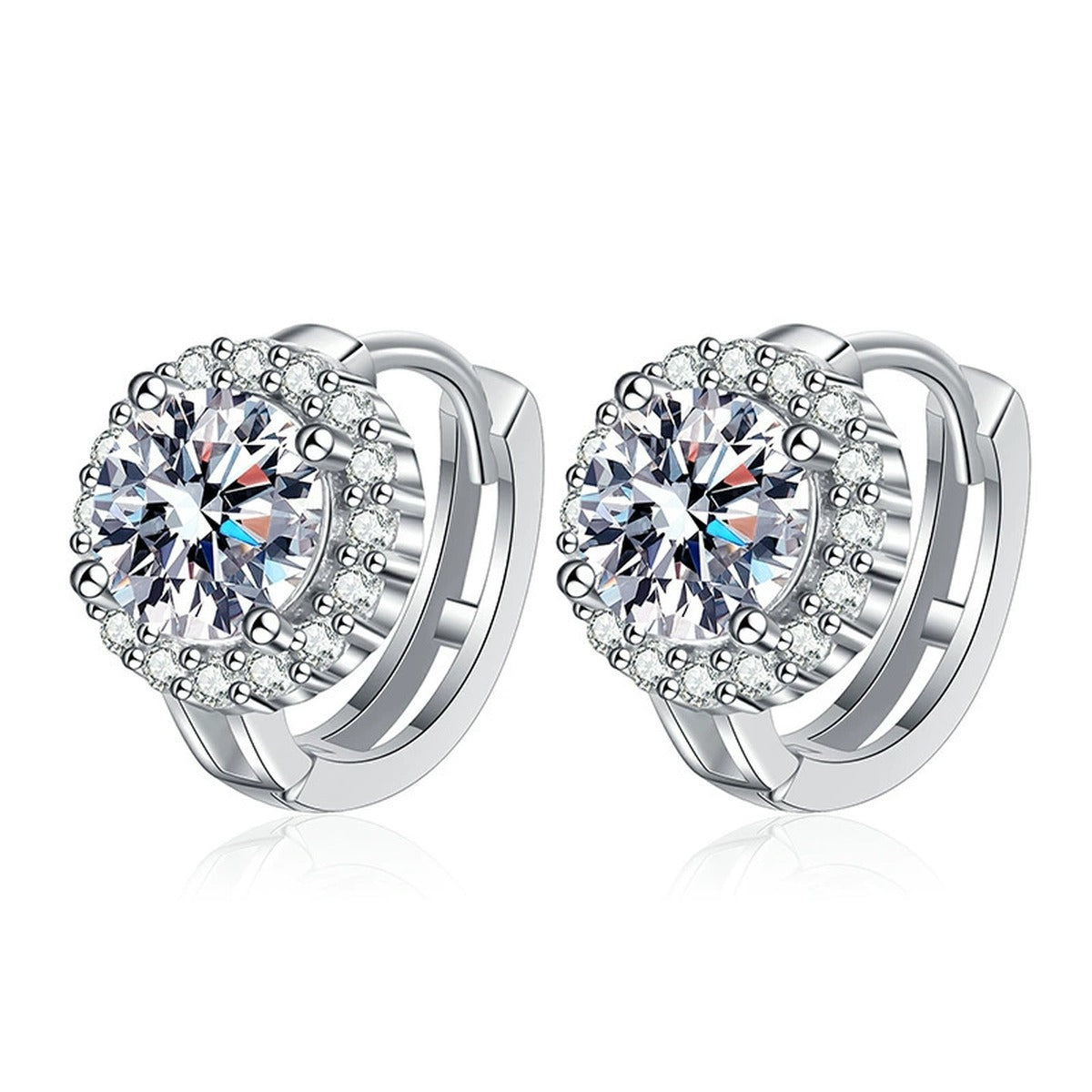 Round Halo Moissanite Stud Earrings with CZ in Gold-Plated S925 Silver on clean white background showing round halo studs offered in white gold and yellow gold finishes