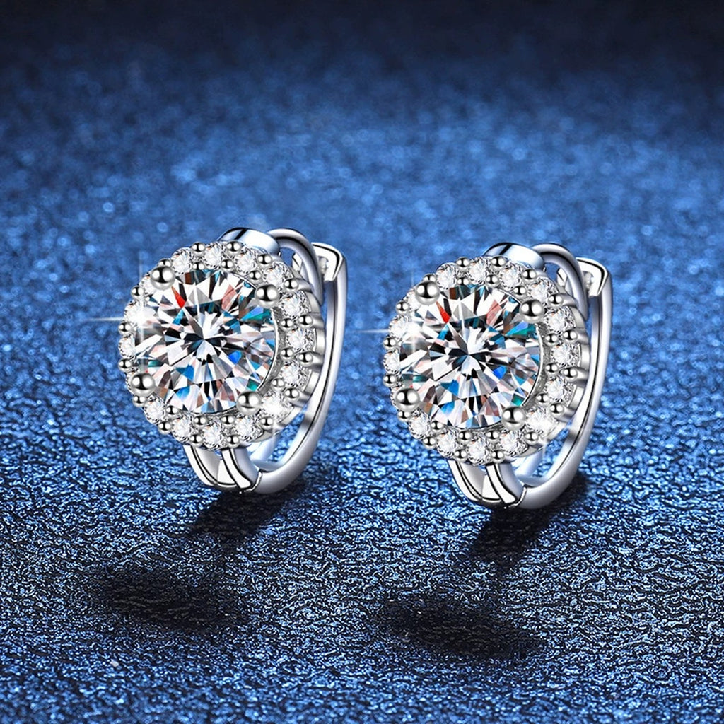 Round Halo Moissanite Stud Earrings with CZ in Gold-Plated S925 Silver blue scene product view