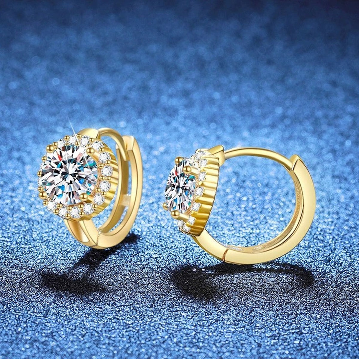 Round Halo Moissanite Stud Earrings with CZ in Gold-Plated S925 Silver blue scene angled view