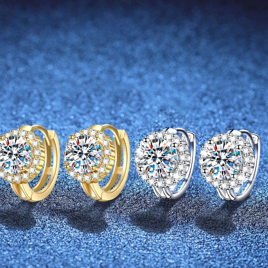 Round Halo Moissanite Stud Earrings with CZ in Gold-Plated S925 Silver blue scene close-up view