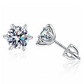 Floral Moissanite Stud Earrings in White Gold-Plated S925 Sterling Silver on clean white background showing floral stud earrings with a layered round moissanite center