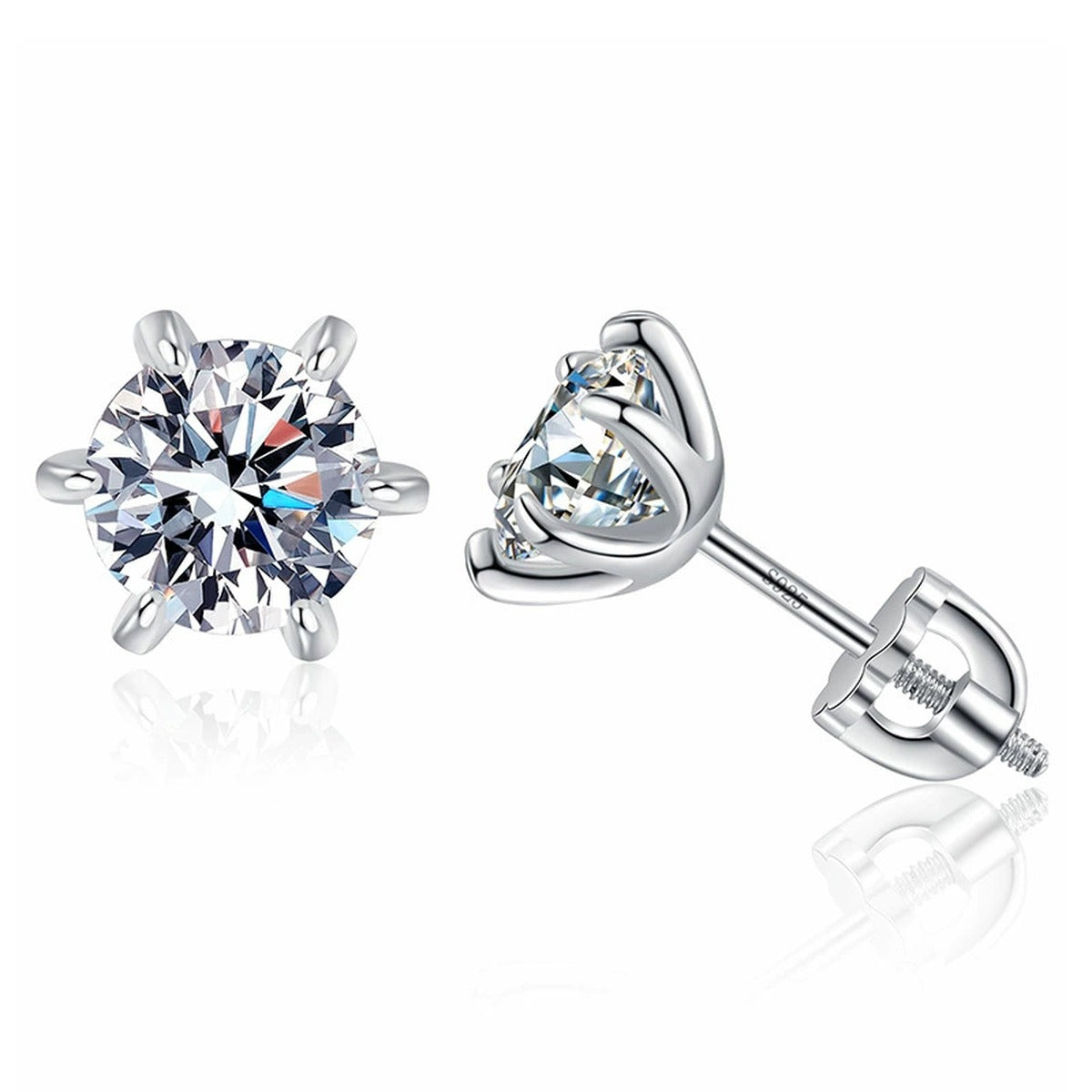 Floral Moissanite Stud Earrings in White Gold-Plated S925 Sterling Silver on clean white background showing floral stud earrings with a layered round moissanite center