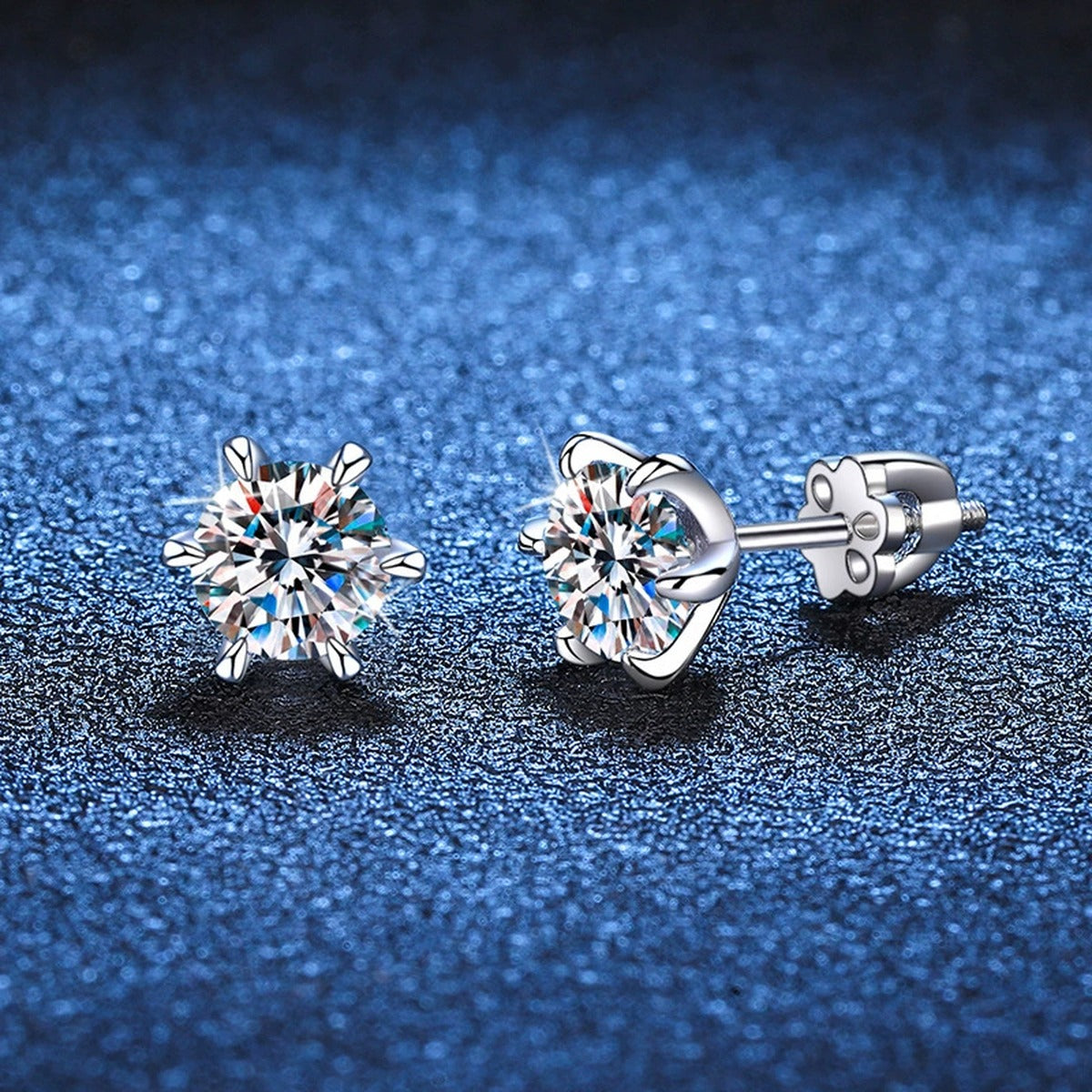 Floral Moissanite Stud Earrings in White Gold-Plated S925 Sterling Silver blue scene product view