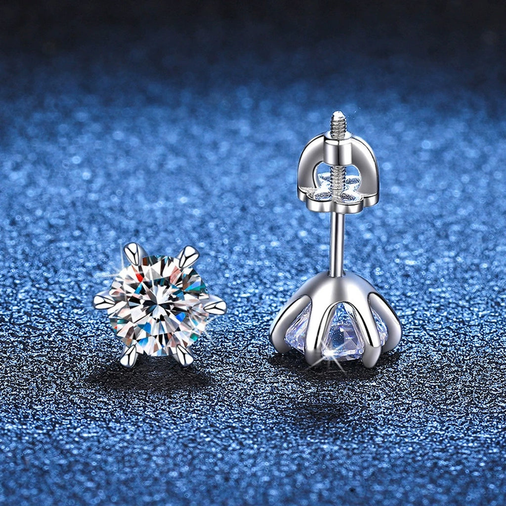 Floral Moissanite Stud Earrings in White Gold-Plated S925 Sterling Silver blue scene angled view