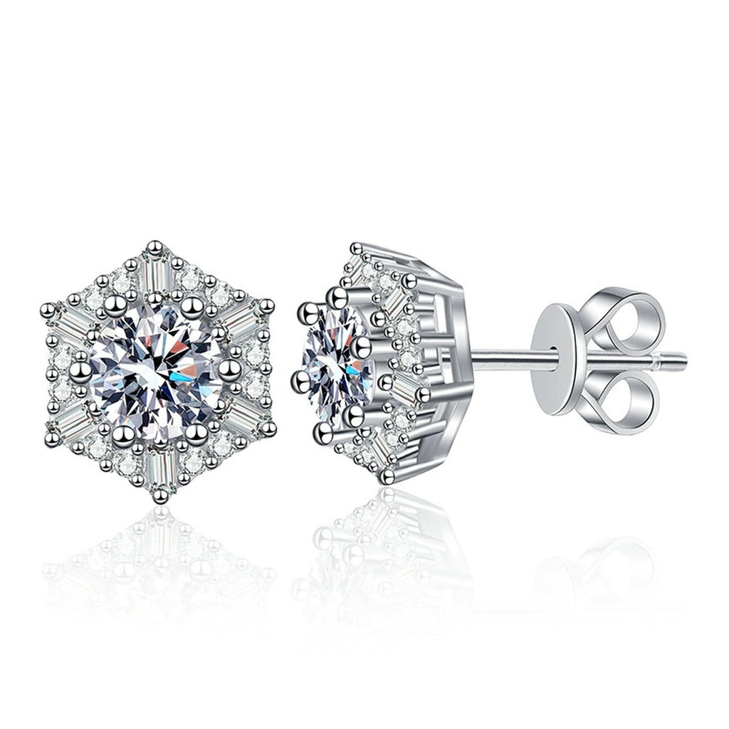 Hexagon Halo Moissanite Stud Earrings with CZ in White Gold-Plated S925 on clean white background showing hexagon halo studs with a geometric moissanite face