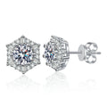 Hexagon Halo Moissanite Stud Earrings with CZ in White Gold-Plated S925 on clean white background showing hexagon halo studs with a geometric moissanite face