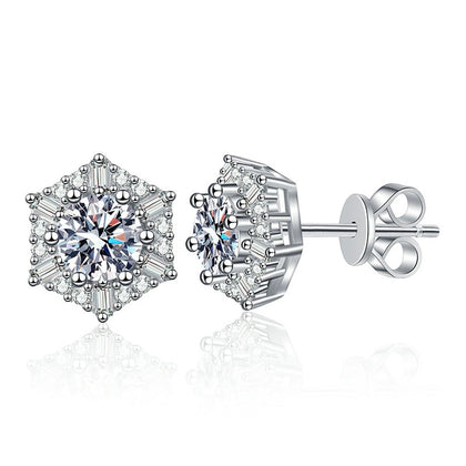 Hexagon Halo Moissanite Stud Earrings with CZ in White Gold-Plated S925 on clean white background showing hexagon halo studs with a geometric moissanite face