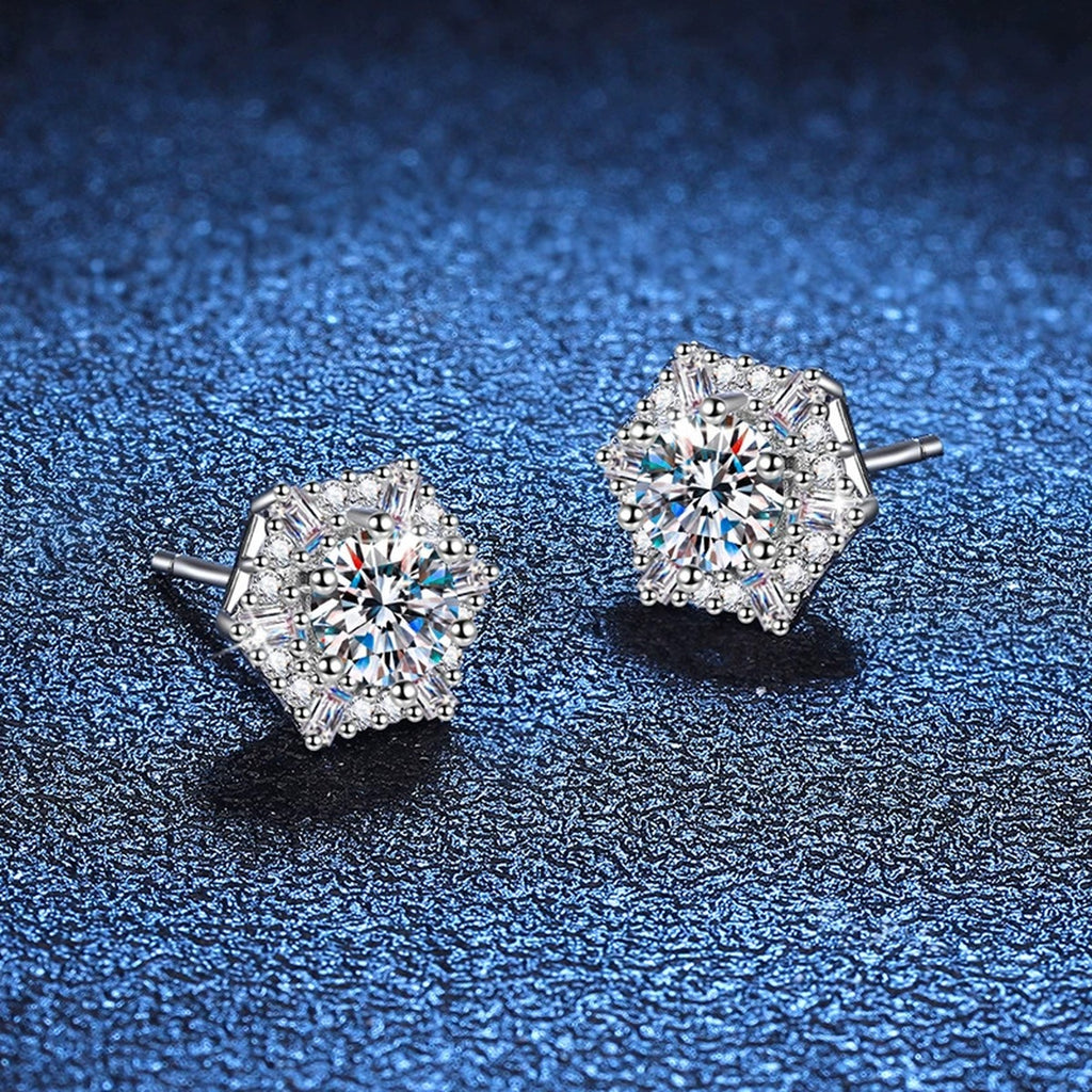 Hexagon Halo Moissanite Stud Earrings with CZ in White Gold-Plated S925 blue scene product view