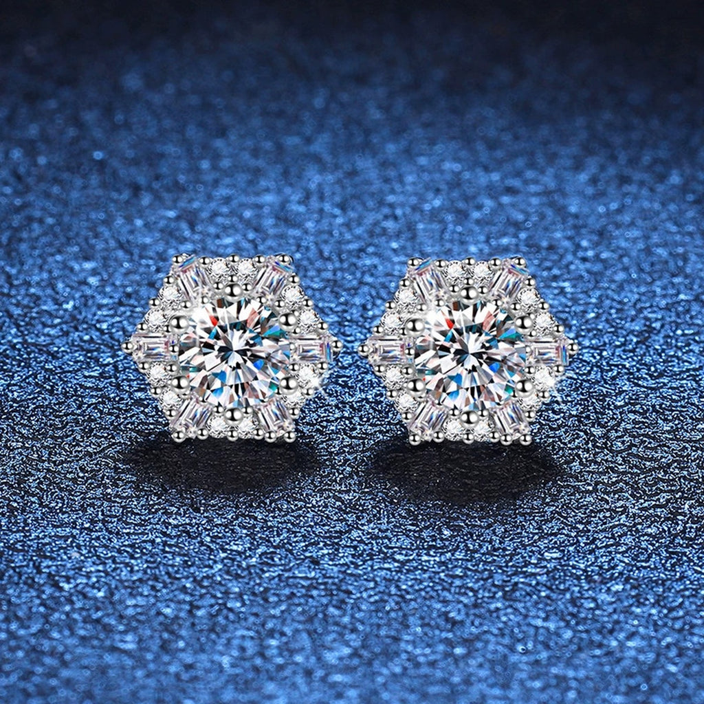 Hexagon Halo Moissanite Stud Earrings with CZ in White Gold-Plated S925 blue scene angled view