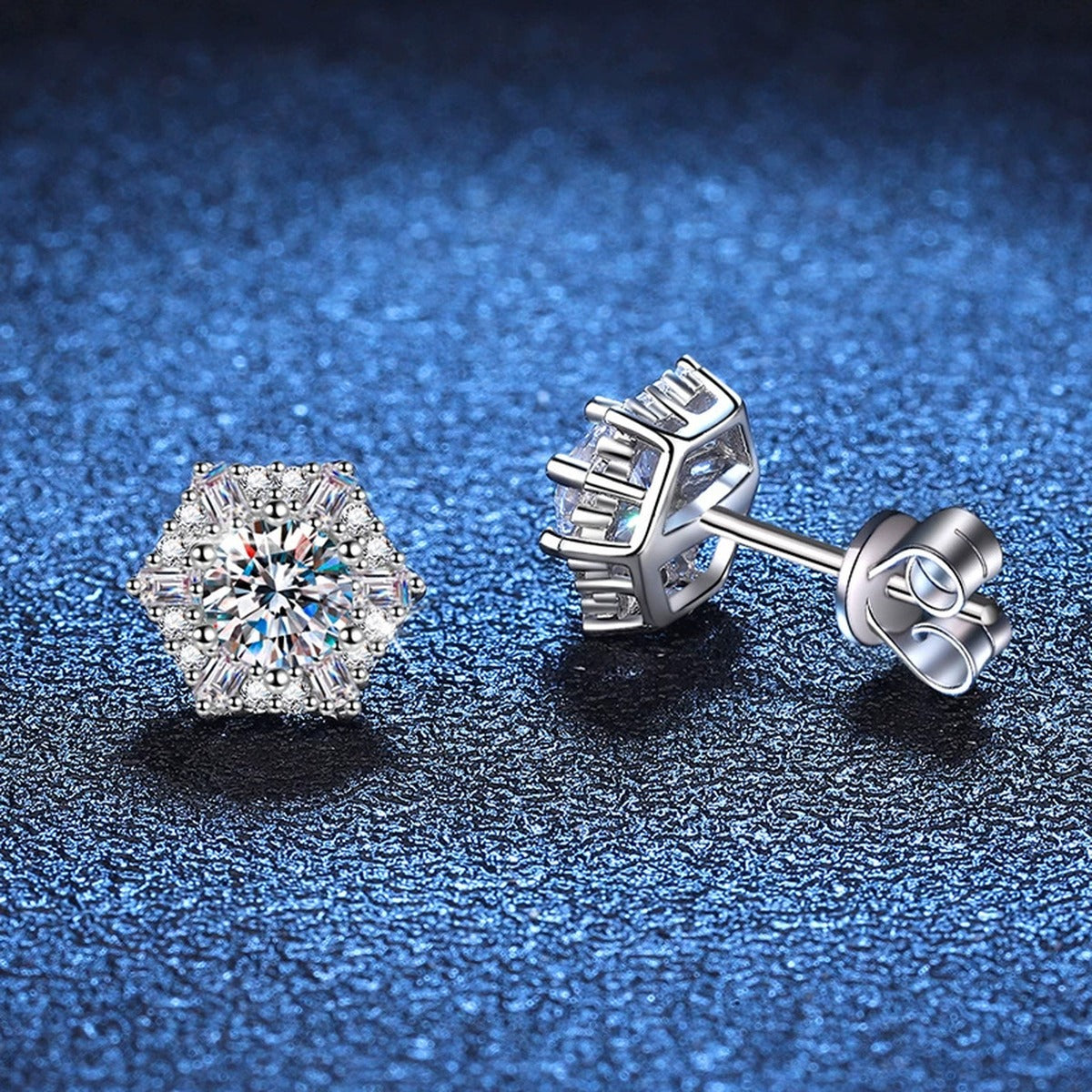 Hexagon Halo Moissanite Stud Earrings with CZ in White Gold-Plated S925 blue scene close-up view