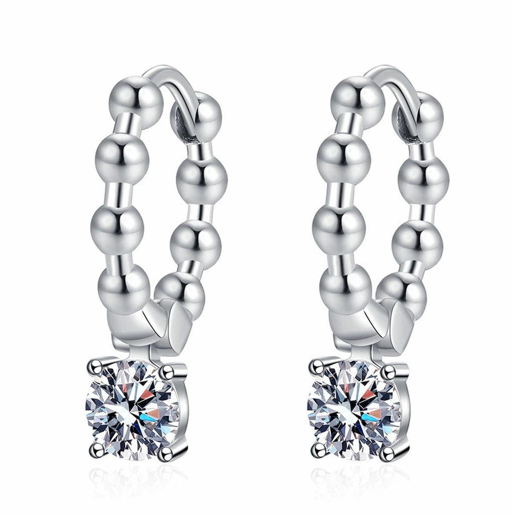 Beaded Hoop Moissanite Drop Earrings in White Gold-Plated S925 Silver on clean white background showing beaded hoop drops with a small round moissanite charm