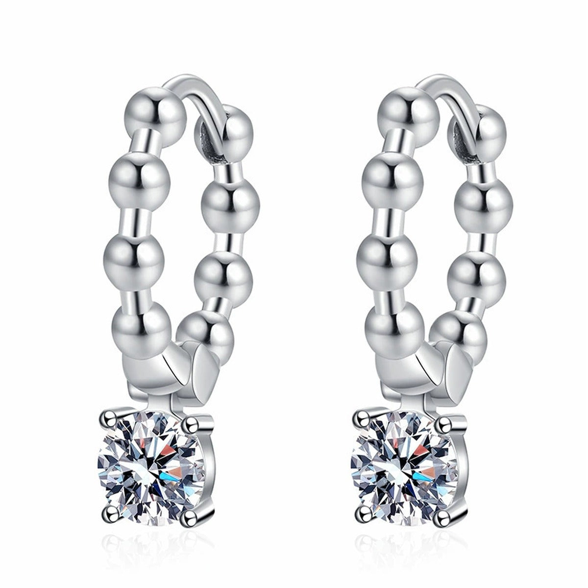Beaded Hoop Moissanite Drop Earrings in White Gold-Plated S925 Silver on clean white background showing beaded hoop drops with a small round moissanite charm
