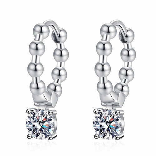 Beaded Hoop Moissanite Drop Earrings in White Gold-Plated S925 Silver on clean white background showing beaded hoop drops with a small round moissanite charm