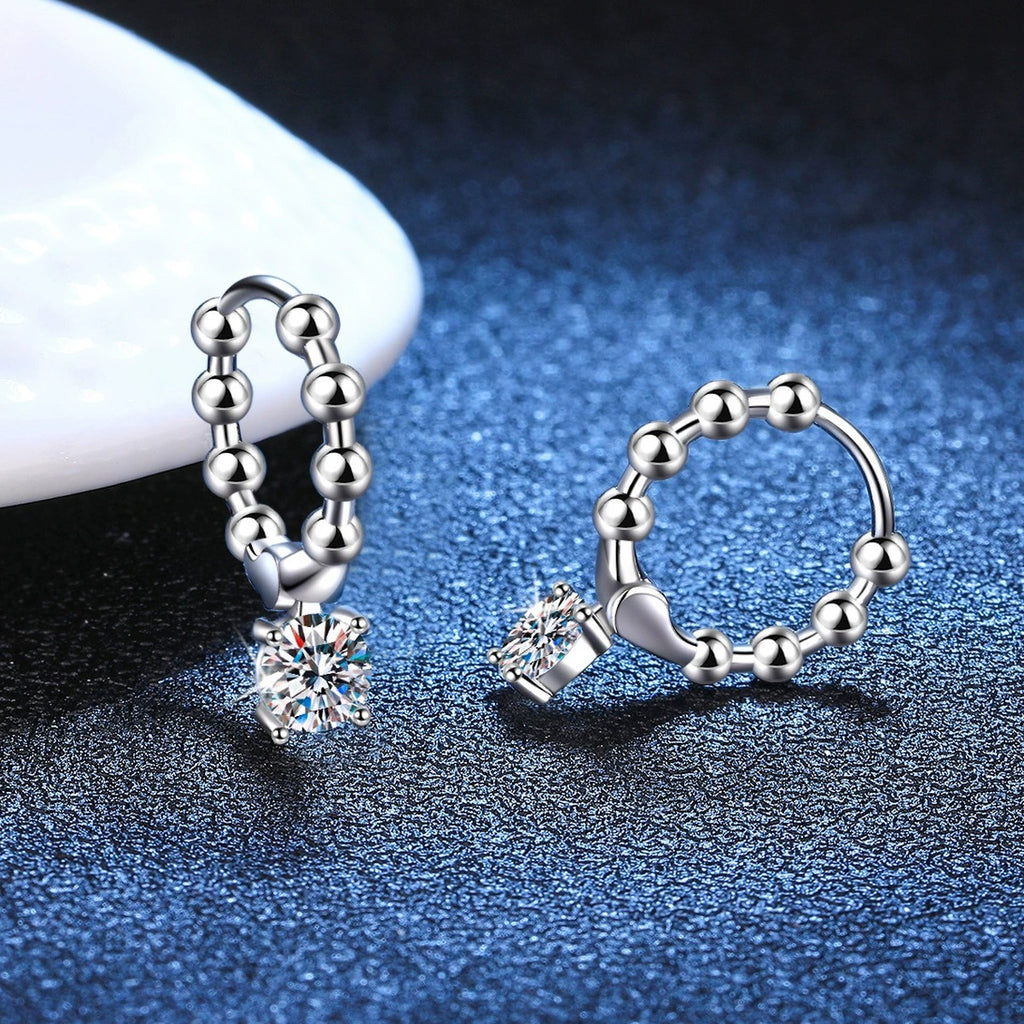 Beaded Hoop Moissanite Drop Earrings in White Gold-Plated S925 Silver blue scene angled view