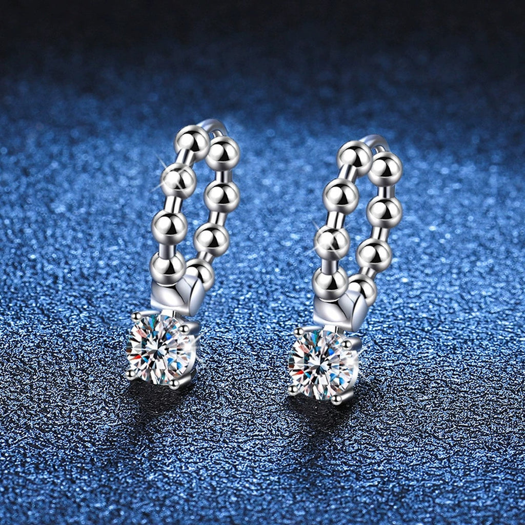 Beaded Hoop Moissanite Drop Earrings in White Gold-Plated S925 Silver blue scene close-up view