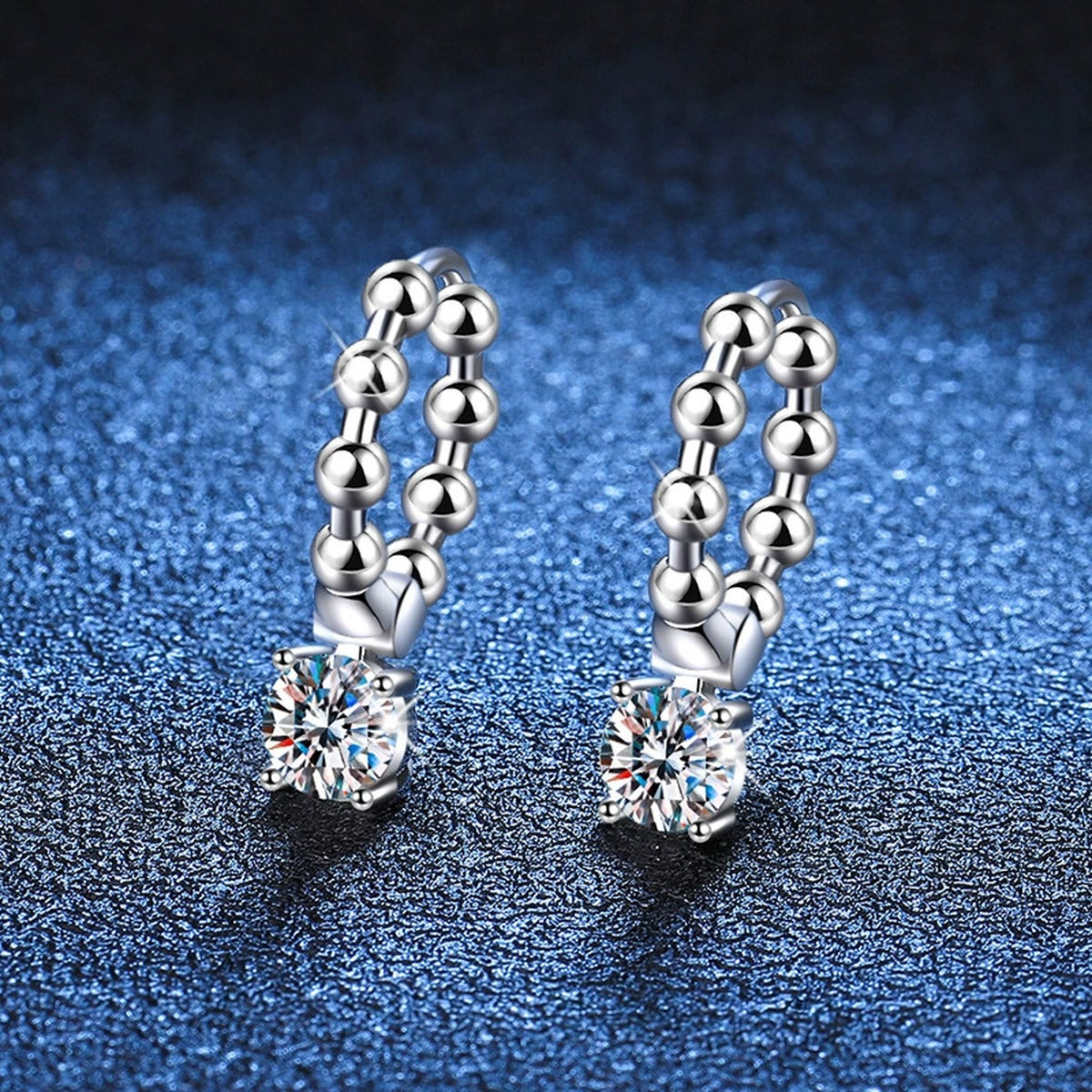 Beaded Hoop Moissanite Drop Earrings in White Gold-Plated S925 Silver blue scene close-up view
