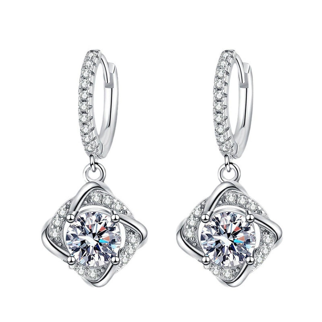 Cushion Moissanite Drop Earrings with CZ in White Gold-Plated S925 on clean white background showing cushion-shaped moissanite drops hanging from slim hoops