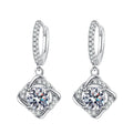 Cushion Moissanite Drop Earrings with CZ in White Gold-Plated S925 on clean white background showing cushion-shaped moissanite drops hanging from slim hoops