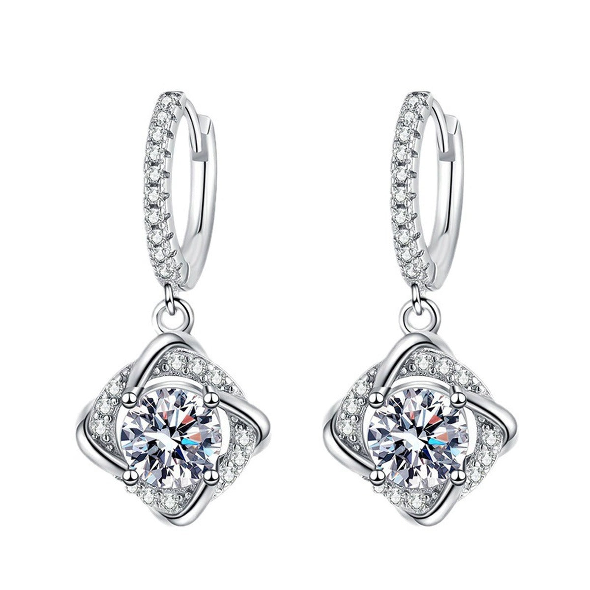 Cushion Moissanite Drop Earrings with CZ in White Gold-Plated S925 on clean white background showing cushion-shaped moissanite drops hanging from slim hoops