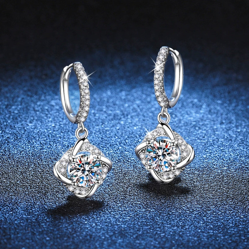 Cushion Moissanite Drop Earrings with CZ in White Gold-Plated S925 blue scene product view
