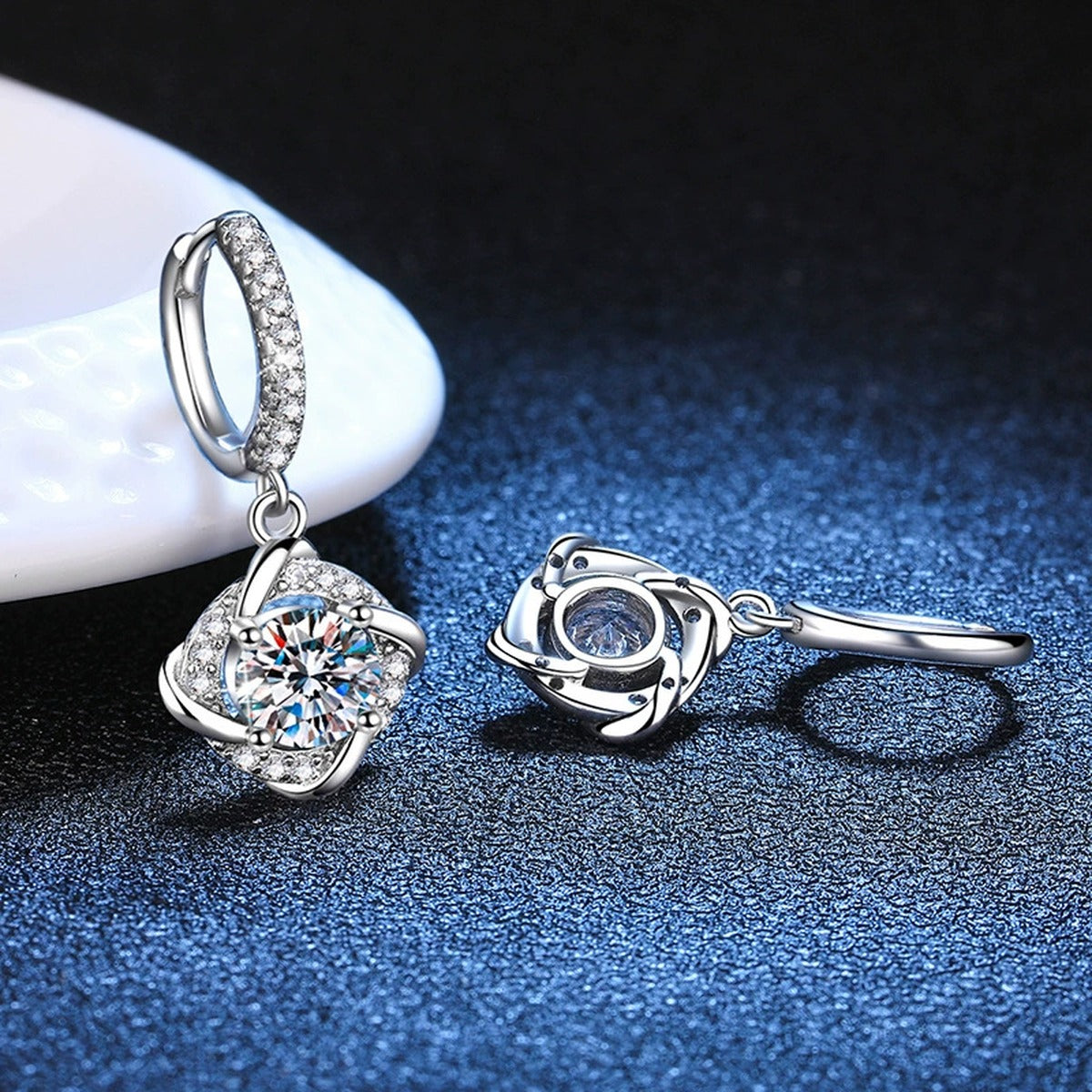 Cushion Moissanite Drop Earrings with CZ in White Gold-Plated S925 blue scene angled view