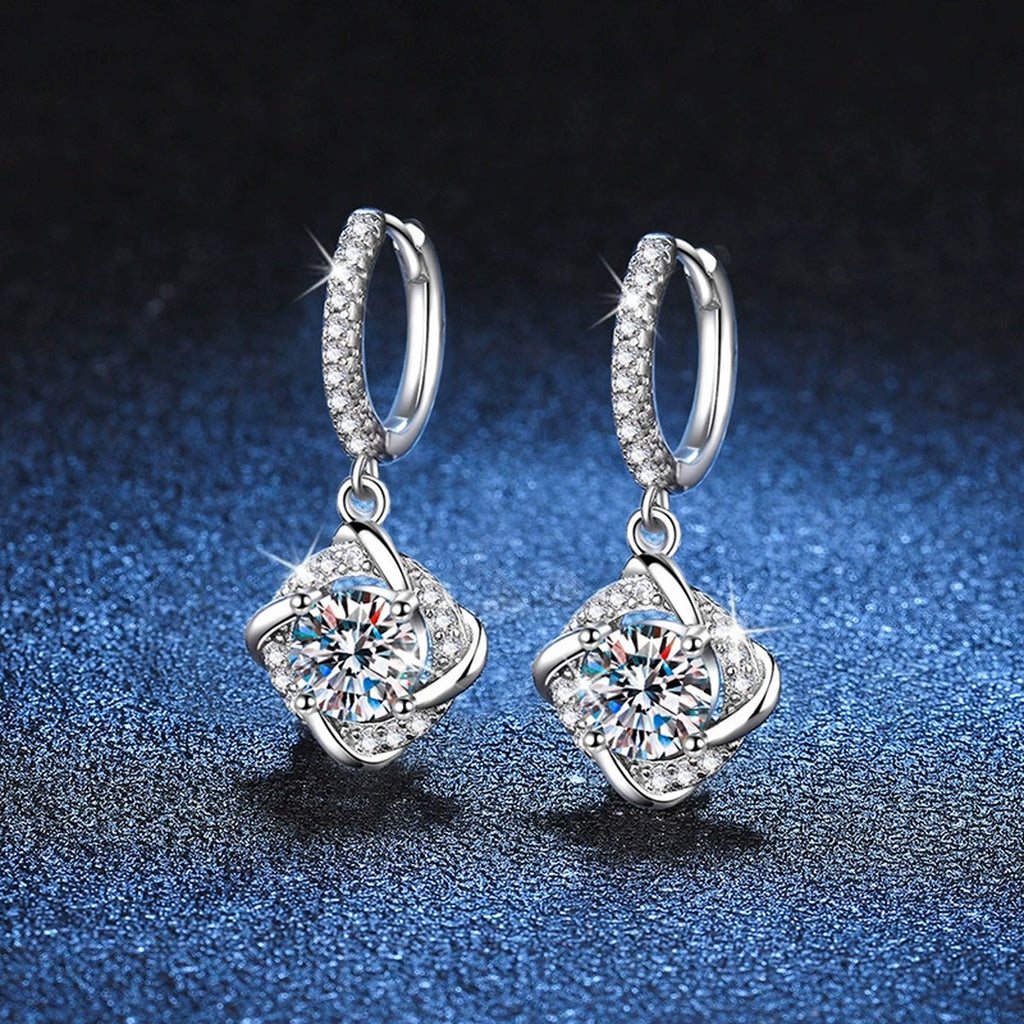 Cushion Moissanite Drop Earrings with CZ in White Gold-Plated S925 blue scene close-up view